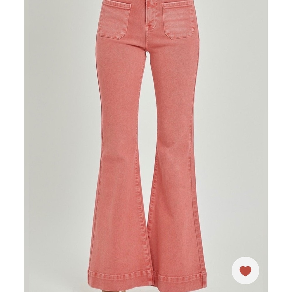 Risen Jeans Flare Pants 3/26 Coral Pink New High Rise Patch Pocket Stretch